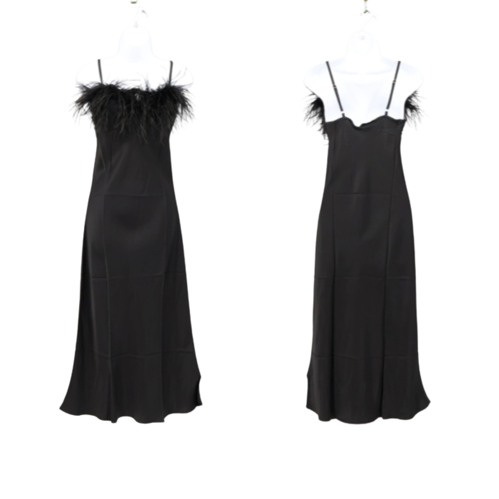 Sleeper Boheme Maxi Slip Dress Womens Xs Black Feather Trim Party Cocktail Nwt